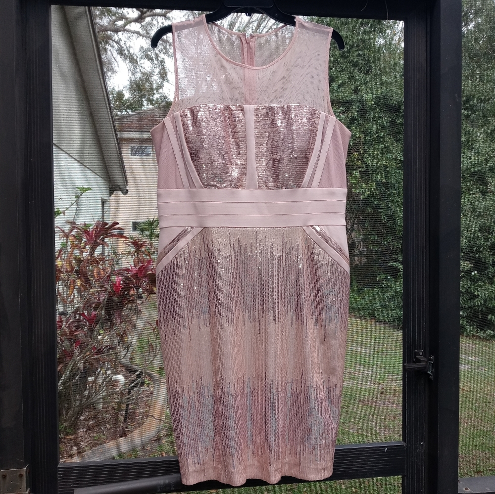 Calvin Klein Art Deco Slate Pink Sequin Dress Size 14 Cocktail